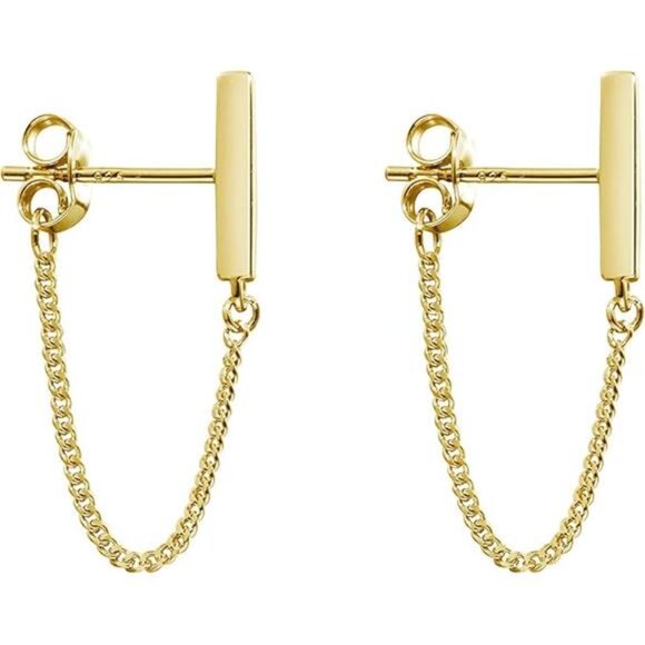 Sterling Silver Chain Earrings for Women - Gold-Plated Hypoallergenic Dangle Stu - Picture 7 of 7